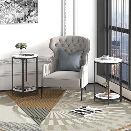 WiberWi Round Side Table, Modern Nightstand End Table with Metal Frame &Faux Marble Top, Accent Bedside Table for Living Room Bedroom Small Spaces with Storage Open Shelf, White