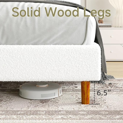 Full Size Boucle Platform Bed Frame with Adjustable Headboard, Upholstered Cloud Bed, Solid Wooden Legs, No Box Spring Needed, Easy Assembly, White