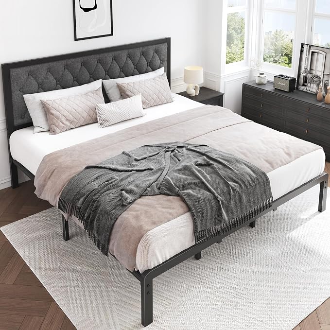 HISOFT King Bed Frame with Upholstered Button Tufted Headboard, Bed Frame Platform Metal Slats Support, Under Bed Storage, No Box Spring Needed, Noise-Free, Easy Assembly, Grey