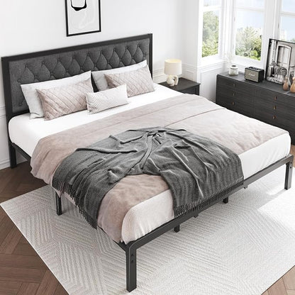 HISOFT King Bed Frame with Upholstered Button Tufted Headboard, Bed Frame Platform Metal Slats Support, Under Bed Storage, No Box Spring Needed, Noise-Free, Easy Assembly, Grey