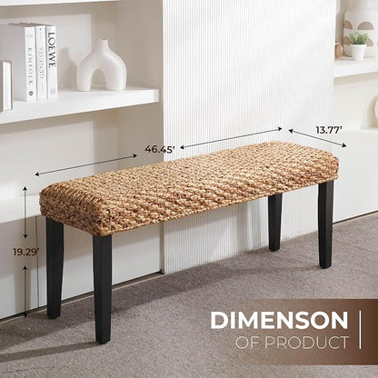 Solid Wood Acacia Indoor Bench with Natural Woven Seat, Boho Bench Entryway, Wood Bench for Living Room, Wooden Bench for Bedroom, Farmhouse Entryway Bench, Dining Benches (Black, Water Hyacinth)