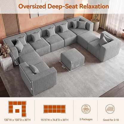 MONVANE Modular Sectional Sofa, Oversized 10 Seat Convertible U Shaped Couch with Ottoman, Comfy Chenille Deep Seat Cloud Couch, Sectional Couches for Living Room, No Assembly Required, Light Grey