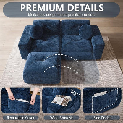 82" Modular Sectional Cloud Couch, L Shaped Sofa Boneless Couches with Movable Ottoman, 2 Deep Seat Modern Comfy Velvet Sofa for Living Room, Bedroom, Apartment (Blue)