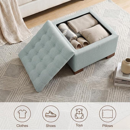 24 Inch Square Storage Ottoman Coffee Table, Modern Tufted Upholstered Ottoman with Flip Tray and Solid Wood Legs, Suitable for Living Rooms, Linen Blue