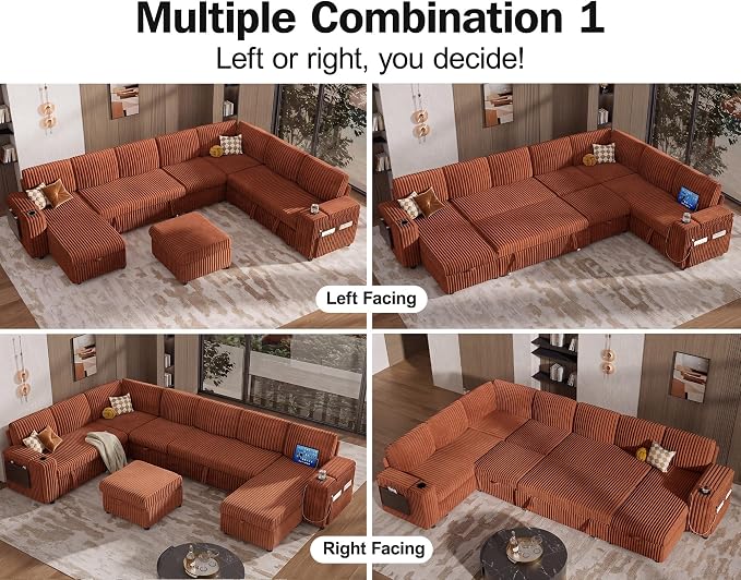 Vipbear 130" Modular Sectional Sleeper Sofa with Pull Out Bed, 9 Seat Corduroy L Shaped Couch with Ottoman and Chaise|USB Ports|Cup Holders|Side Table, Tool Free Assembly, Orange