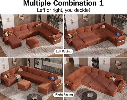 Vipbear 130" Modular Sectional Sleeper Sofa with Pull Out Bed, 9 Seat Corduroy L Shaped Couch with Ottoman and Chaise|USB Ports|Cup Holders|Side Table, Tool Free Assembly, Orange