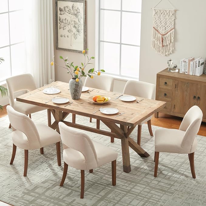 VKNOW Wooden Dining Chairs Set of 2, Modern Fabric Upholstered Dining Room Chair Kitchen Chairs, Farmhouse Dinner Chair for Kitchen Dining Room, Beige