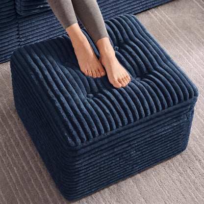 23.6in Pouf Ottoman, Corduroy Ottoman Foot Rest with Dual‑Layer Support, Large Poofy Pouf with Soft Chunk‑Foam Top & Firm Foam Base, Floor Foot Stool for Living Room, Blue