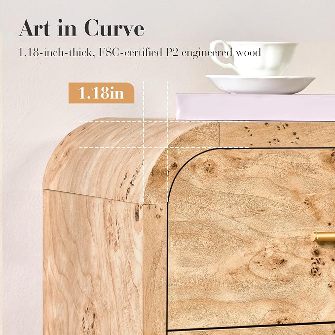 Curved 6-Drawer Dresser for Bedroom, 54" Wide Modern Chest of Drawers, Vanity Desk TV Stand for Living Room, Closet Storage Drawers Organizer Furniture, Nursery, Light Burl
