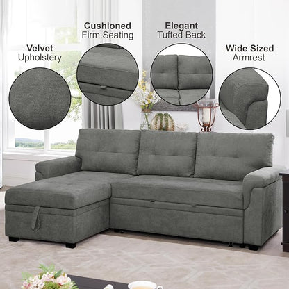 Naomi Home 84" L-Shaped Sectional Sleeper Sofa with Pull Out Bed | Sleeps Guests Comfortably, Stores Essentials in Chaise & Saves Space, Velvet, Gray Convertible Sofa Bed