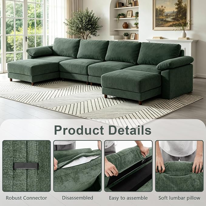 Oversized L Shaped Sectional Couch for Living Room, Extra Large Deep Seat Modular Sectional Sofa with Washable Covers, Modern Cloud Couch for Apartment, Bedroom (Green, U Shape 6 Seat)