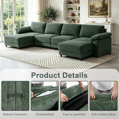 Oversized L Shaped Sectional Couch for Living Room, Extra Large Deep Seat Modular Sectional Sofa with Washable Covers, Modern Cloud Couch for Apartment, Bedroom (Green, U Shape 6 Seat)
