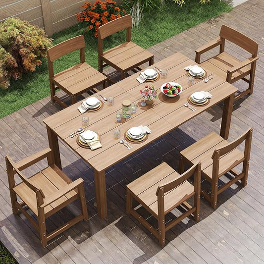 Jocoevol 7 Piece Outdoor Patio Dining Set HIPS Outdoor Table and Chairs for 6 All-Weather Patio Furniture Set with Umbrella Hole for Backyard Poolside Garden, Wooden Color