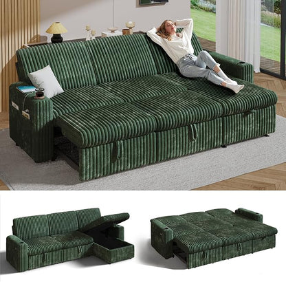 Sunny Heart 101" Plush Corduroy L Shaped Sectional Sleeper Sofa Bed with Pull Out Bed, Reclining Backrest, Reversible Storage Chaise, USB Ports, Cup Holders, Tool Free Assembly,Forest Green