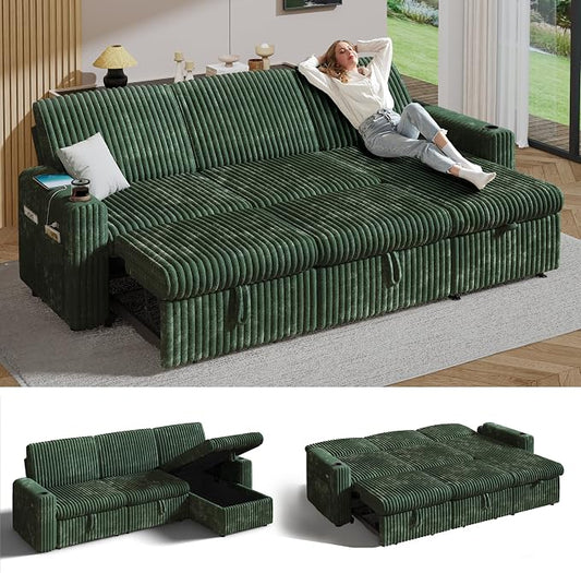 Sunny Heart 101" Plush Corduroy L Shaped Sectional Sleeper Sofa Bed with Pull Out Bed, Reclining Backrest, Reversible Storage Chaise, USB Ports, Cup Holders, Tool Free Assembly,Forest Green