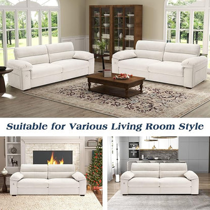 WorthFurni Sofas for Living Room, Chenille Pillow-Armrest Loveseat Couch Set, Small Sofa, 3 Seater Sofa, USB Charging, Removable Sofa Cover, Solid Wood Frame, Easy to Install (90.5 inch, Beige)