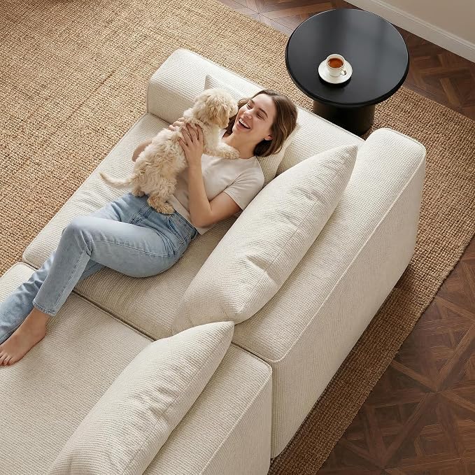 Homkdom 98" Boneless Modular Sectional Sofa, Cloud Couch with 27" Deep Seat & Oversized Chaise, L-Shaped High-Density Foam Sofa for Living Room, No Assembly Required (White-Check, Right Facing)