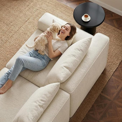 Homkdom 98" Boneless Modular Sectional Sofa, Cloud Couch with 27" Deep Seat & Oversized Chaise, L-Shaped High-Density Foam Sofa for Living Room, No Assembly Required (White-Check, Right Facing)