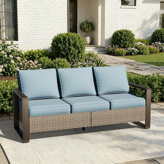 Joyside Outdoor Patio Wicker Sofa, 3-Seater Rattan Sofa with Thick Olefin Cushions and Metal Steel Rectangular Framed Armrest -Looking Metal Armrest Suitable for Garden, Backyard, Porch, Deck