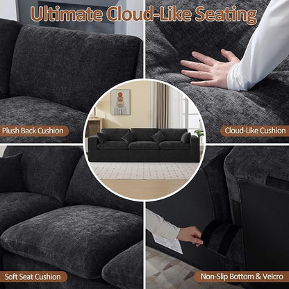 115''Cloud Boneless Sectional Couch, Modular Sectional Sofa Deep Seat, Oversized Upholstered Convertible Comfy 3 Seater Chenille Memory Foam Sofa Couches for Living Room, Dark
