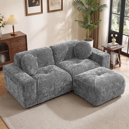 82" Modular Sectional Cloud Couch, L Shaped Sofa Boneless Couches with Movable Ottoman, 2 Deep Seat Modern Comfy Velvet Sofa for Living Room, Bedroom, Apartment (Grey)