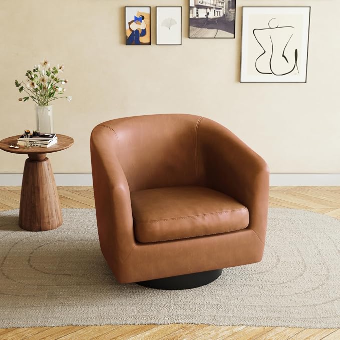 360° Swivel Barrel Accent Chair Armchair, PU Leather Round Club Arm Chair for Lving Room, Modern Upholstered Small Bedroom Single Sofa Seat - Brown, Set of 1