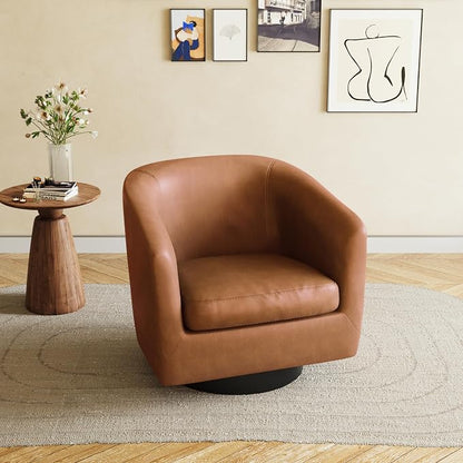 360° Swivel Barrel Accent Chair Armchair, PU Leather Round Club Arm Chair for Lving Room, Modern Upholstered Small Bedroom Single Sofa Seat - Brown, Set of 1