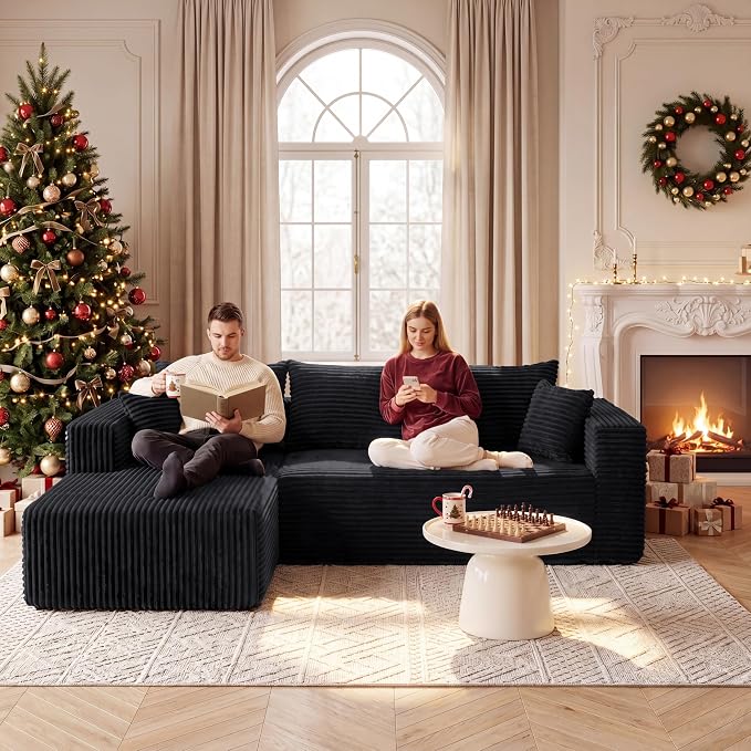 Modular Sectional Sofa, Boneless Compressed Sofa in a Box, L-Shaped Cloud Couch with Deep Seats & Chaise for Living Room, No Assembly Required (Black, 92.5" L-Shape with Left Facing Chiase)