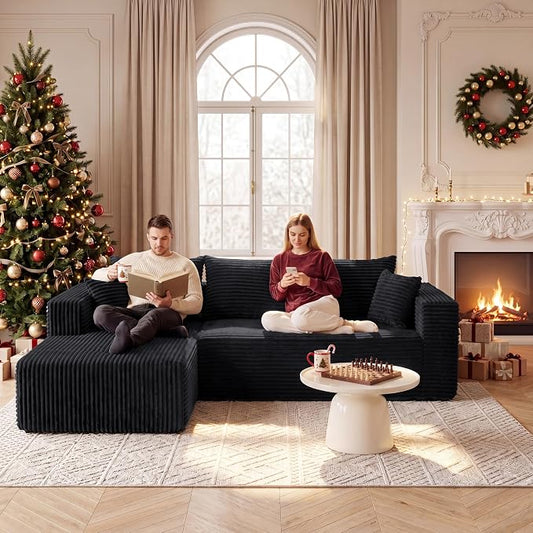 Modular Sectional Sofa, Boneless Compressed Sofa in a Box, L-Shaped Cloud Couch with Deep Seats & Chaise for Living Room, No Assembly Required (Black, 92.5" L-Shape with Left Facing Chiase)