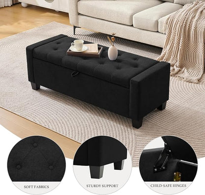 Huatean Home 43" Ottoman with Storage, Black Storage Ottoman Bench with Safety Hinge, Upholstered Entryway Bench with Seating for Bedroom, Living Room, Holds up to 330 lb
