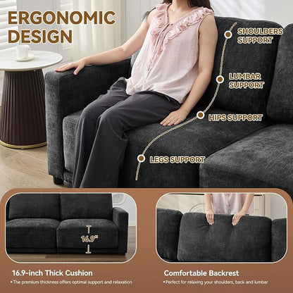 77.4" Chenille Modular Loveseat Oversized Upholstered 2 Seater Sectional Sofa with Thickened Cushions, Easy Assembly, Modern Comfy Love Seat Couch for Living Room, Black