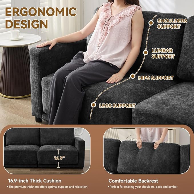 44.2" Chenille Oversized Chair with Movable Ottoman, Modular 1 Seat Couch with Thickened Cushions, Modern Single Sofa Chaise Lounge Reading Chair for Living Room, Small Apartment, Black