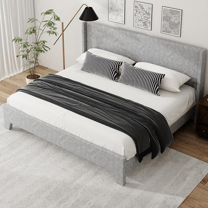 King Bed Frame with Faux Leather Upholstered Headboard, Wear-Resistant, Easy Clean, Mattress Foundation, No Box Spring Required, Easy Assembly, Grey