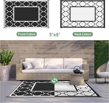 GENIMO 5' x 8' Outdoor Rug Waterproof for Patio Decor, Foldable Reversible Plastic Straw Area Rugs Mat for Camper, Outside Carpet for Rv, Deck, Porch, Picnic, Beach, Balcony, Black & White