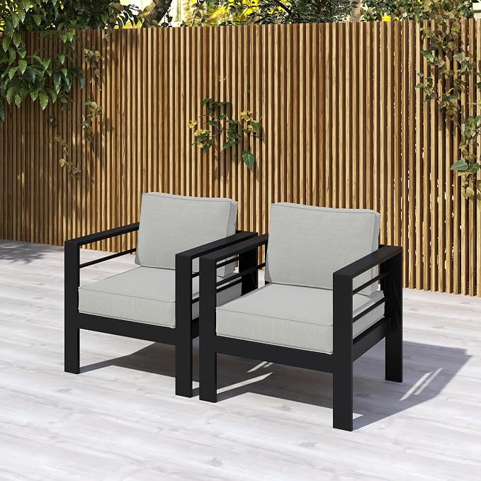 Kiss the Water 2 PCS Aluminum Outdoor Patio Sofa Set, All Weather Rust-Proof Metal Patio Couch, Modern Outdoor Furniture for Backyard Porch Garden, 5" Thick Waterproof Olefin Cushions, Light Grey