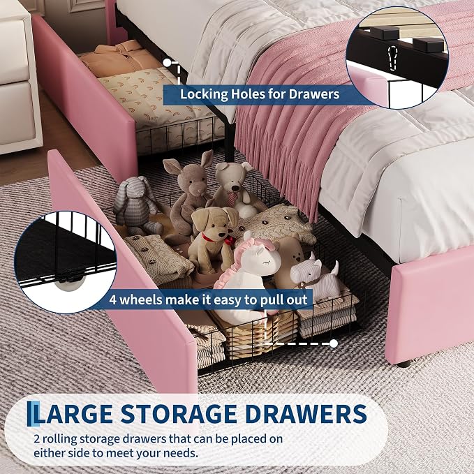 GarveeHome Queen Bed Frame with Storage Headboard, Kids Bed Frame with 2 Drawers, Velvet Upholstered Platform Bed Frame with Lights, No Box Spring Needed, Easy Assembly, Velvet Pink