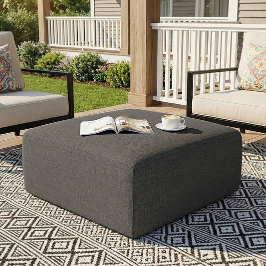 Living&Giving Square Outdoor Ottoman Pouf, 24 Inch Waterproof Patio Ottoman Foot Rest with Solid High-Density Foam, Comfy Boneless Footstool for Outside Couch & Seating, Dark Gray