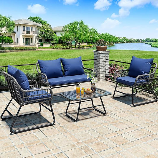 YITAHOME 4-Piece Patio Furniture Set, Wicker Outdoor Bistro Set, All Weather Rattan Patio Conversation Set with Soft Cushions and Glass Side Table for Backyard, Balcony, Deck - Navy Blue