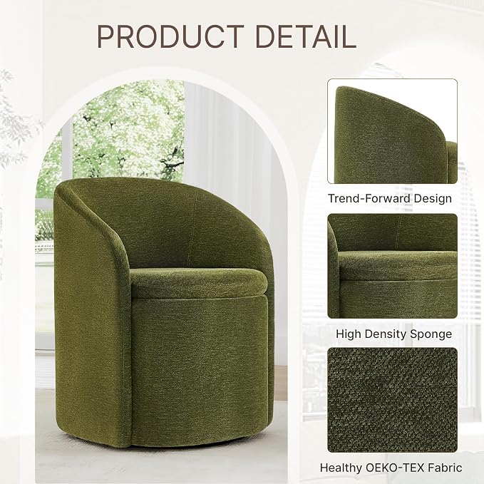 KISLOT Upholstered Dining Chairs with Casters, No Assembly Rolling Modern Dining Room Chairs with Hidden Storage & Barrel Backrest, Accent Chair for Bedroom, Living Room, Dressing, Green, Set of 4