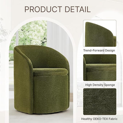KISLOT Upholstered Dining Chairs with Casters, No Assembly Rolling Modern Dining Room Chairs with Hidden Storage & Barrel Backrest, Accent Chair for Bedroom, Living Room, Dressing, Green, Set of 1