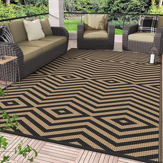 GENIMO Outdoor Rug for Patio Clearance, 8'x10' Reversible Plastic Straw Rugs, Lightweight Waterproof Modern RV Camping Mat for Camper, Balcony, Deck, Backyard, Picnic, Black Brown