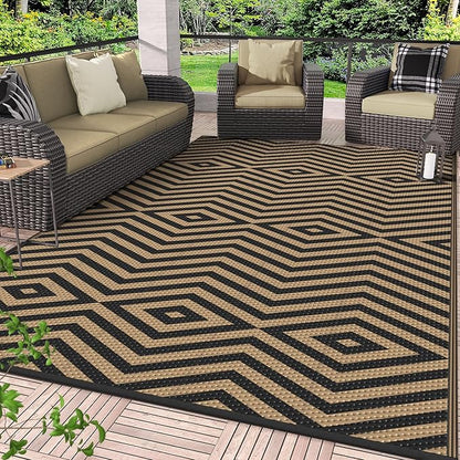 GENIMO Outdoor Rug for Patio Clearance, 6'x9' Reversible Plastic Straw Rugs, Lightweight Waterproof Modern RV Camping Mat for Camper, Balcony, Deck, Backyard, Picnic, Black Brown