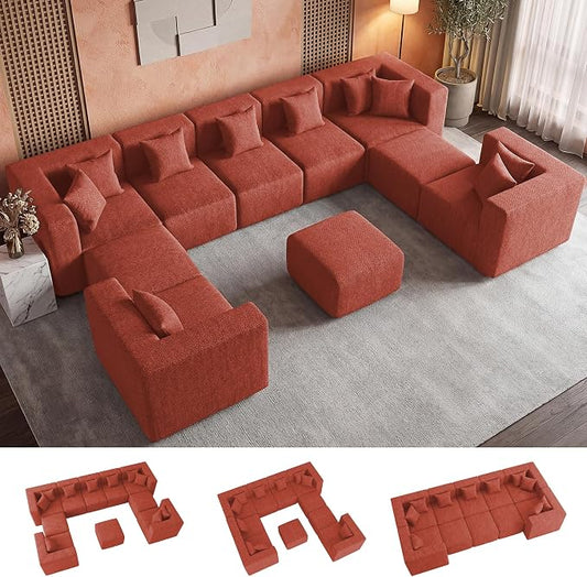 MONVANE Modular Sectional Sofa, Oversized 10 Seat Convertible U Shaped Couch with Ottoman, Comfy Chenille Cloud Couch with Deep Seat, Sectional Couches for Living Room, No Assembly Required, Rust Red
