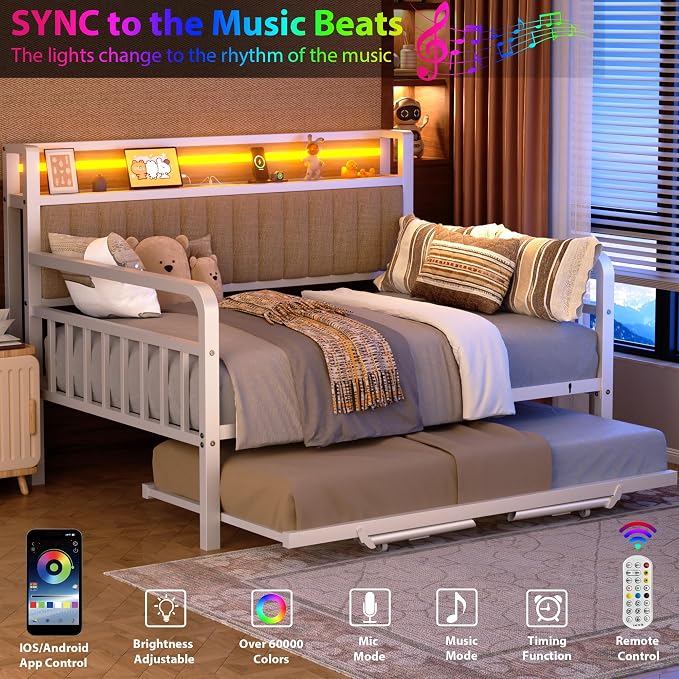 Daybed with Trundle and LED Light, Heavy Duty Metal Full Bed Frame with Upholstered Storage Headboard & Charging Station, Day Bed Pop Up Trundle Bed for Living Room,Bedroom and Guest Room, White