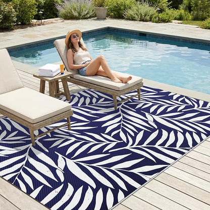 Smiry Outdoor Rug 5x8 ft, Waterproof Reversible Plastic Straw Rugs, Outdoor Area Rug with Leaf Pattern, Outside Floor Mat for Patio, Backyard, Deck, Picnic, Beach, Camping, Navy & White