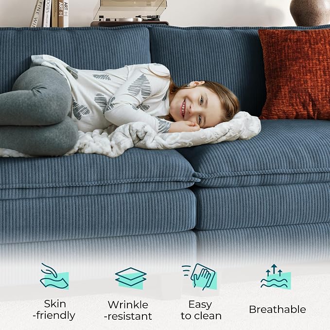 LINSY HOME 157'' Modular Sectional Sofa 4 Seat Couch Corduroy Cloud Couch with Deep Seat, Modern Cloud Couch with 4 Movable Ottoman for Living Room, Office, Bedroom, Blue