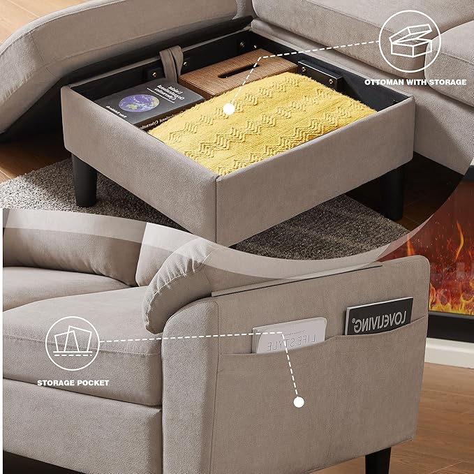 80" Convertible Sectional Sofa, Modern Linen Small L Shaped Couch with Reversible Chaise and Storage Ottoman, 3-Seat Sofa Couches for Living Room, Office, Apartment, Beige