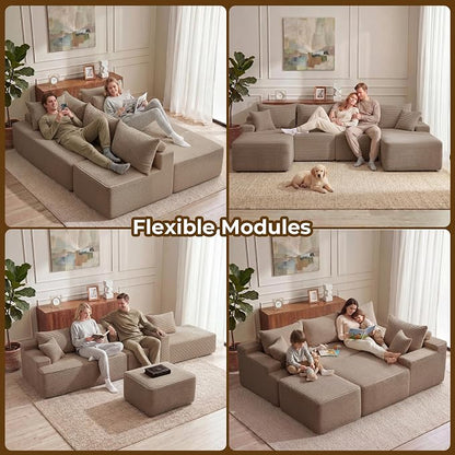 Mangodan 118'' Cloud Sectional Couch, U Shaped Boneless Couches for Living Room, Modular Sectional Sofa with Deep Seat Right Facing Chaise, Comfy Cloud Couch Sofa, Camel