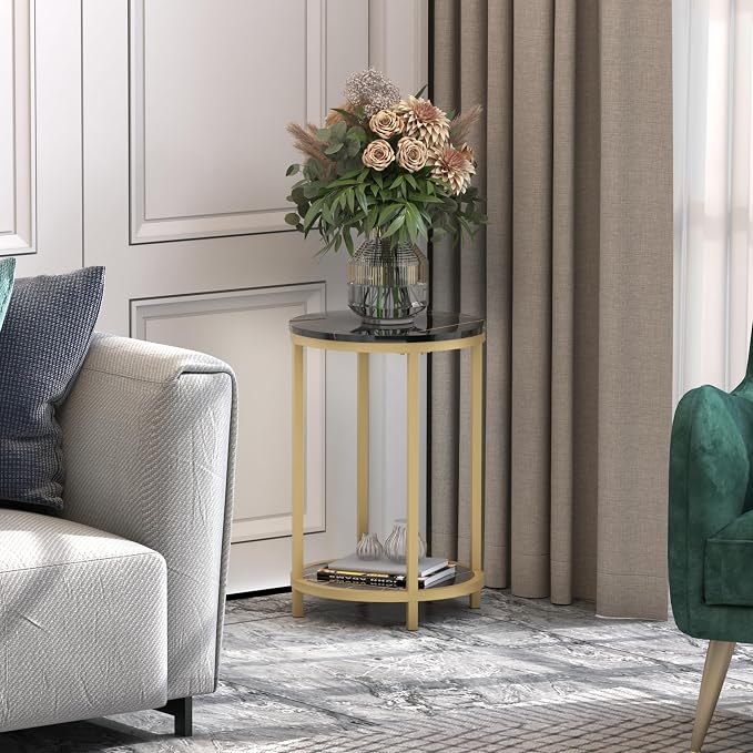 WiberWi Round Side Table Set of 2, Modern Nightstand End Table with Gold Metal Frame &Faux Marble Top, Accent Bedside Table for Living Room Bedroom Small Spaces with Storage Open Shelf,Black