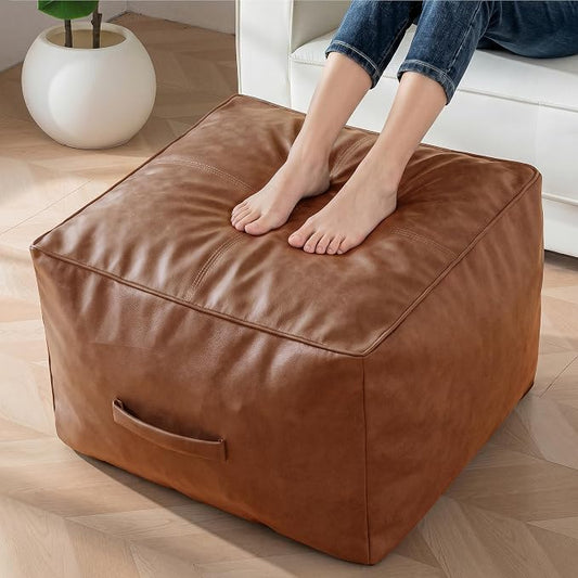 HIGOGOGO Square Stuffed Pouf Ottoman, Pu Leather Poufs with Foam Chunk Filling, Furry and Fluffy Pouf Foot Stool Storage Ottoman,26x18 Inches Floor Poufs Foot Rest for Living Room, Brown